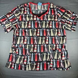 Scrub HQ Women's XL Black Red Cat Meow Print Scrub Top V-Neck Button Accent